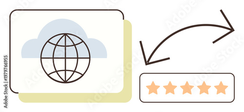 Online reviews, customer satisfaction, data sharing, quality management, digital feedback, cloud services. Globe with cloud and arrows linking to five-star rating. Customer satisfaction and online