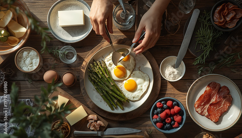 Hands preparing breakfast with eggs and asparagus on wooden table