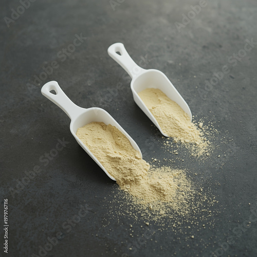 Two white scoops of yellow powder on gray surface