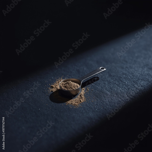 A spoonful of brown powder on a dark surface
