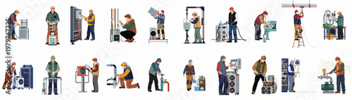 Large set of male industrial workers, technicians, and engineers performing various machinery maintenance, electronic repair, and equipment installation tasks.