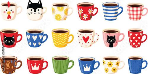 Cute colorful coffee mugs collection with different patterns and cat designs, cozy tea and coffee cup set for kitchen decor, cafe menu, and beverage illustration