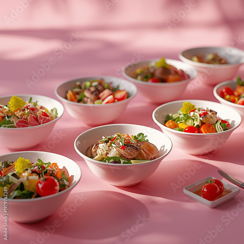 Colorful salads in white bowls on pink table setting