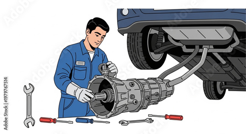 Mechanic working on car transmission repair and maintenance.