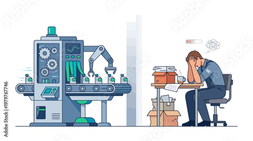 overwhelmed worker in industrial setting.