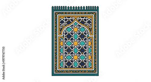 Islamic Prayer Rug with Geometric Pattern - Green, Gold, Teal