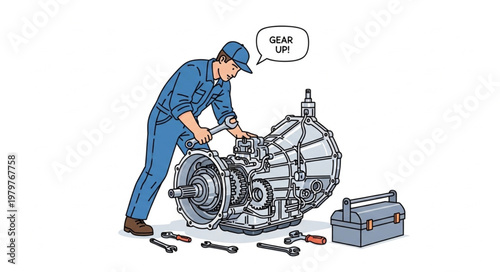 Mechanic Working on Car Transmission System with Tools.