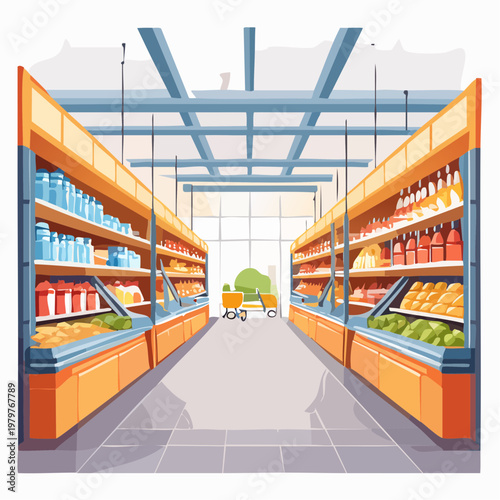 Brightly lit supermarket aisle with shelves full of diverse products, creating an inviting shopping experience