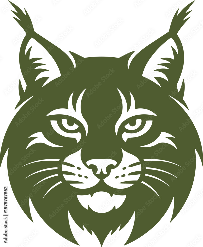 Fototapeta premium Green bobcat head illustration, simplified, isolated on black in outline style