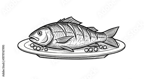 Hand drawn fish dish illustration on plate with garnish food line art sketch for restaurant menu and seafood.