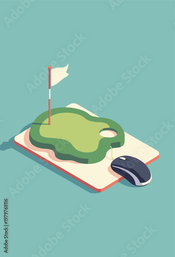 isometric view optical computer mouse resting mousepad mousepad is miniature, perfectly manicured, 3D golf course Executive leisureVirtual reality concept Clean corporate style No text