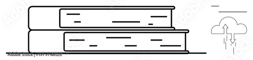 Digital education. Stack of books with cloud upload icon digital knowledge transfer. Digital education merging cloud tech with traditional learning. For e-learning, libraries, tech integration