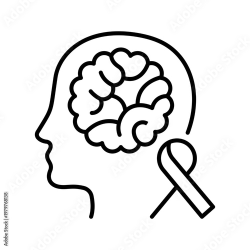 Brain cancer icon. Healthcare and oncology line symbol. Black and white.