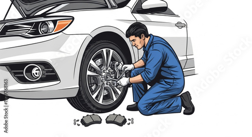 Mechanic working on car wheel brake pads replacement service.
