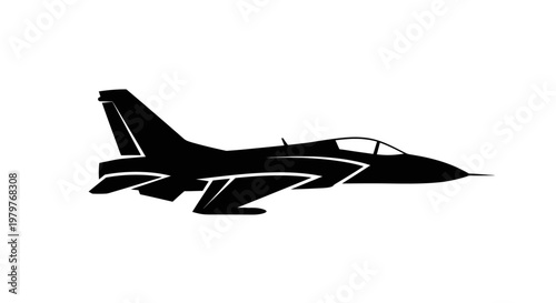 Silhouette of a modern fighter jet airplane with sleek lines, isolated on white background.