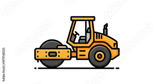 Yellow road roller vehicle icon, construction machinery flat design