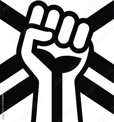 Symbolic depiction of a clenched fist rising against a backdrop of sunrays representing power, unity, and determination Vector, illustration