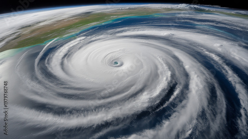 A large hurricane swirling over the ocean and landmass with clouds and eye visible from space