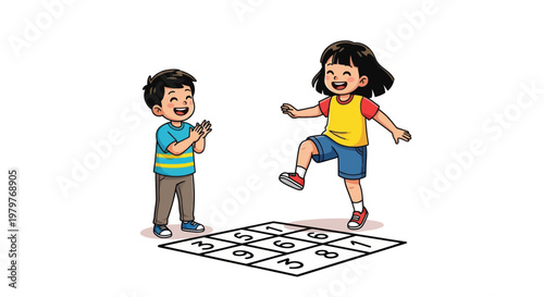 Children playing hopscotch game, happy kids outdoor activity, childhood fun
