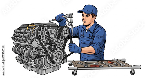 Mechanic working on engine repair.