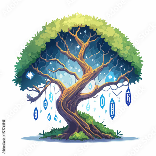 Magical mystical tree of life, adorned with glowing ornate lanterns under a celestial canopy