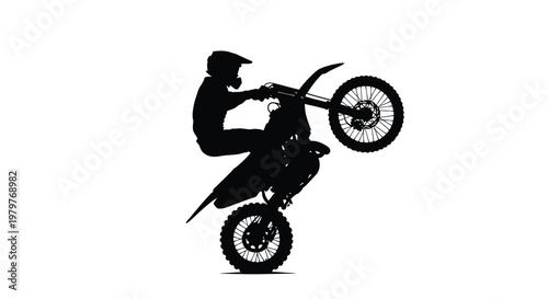 Motorcross rider performing a wheelie against a white background silhouette