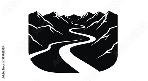 Mountain landscape with winding river road a striking black silhouette