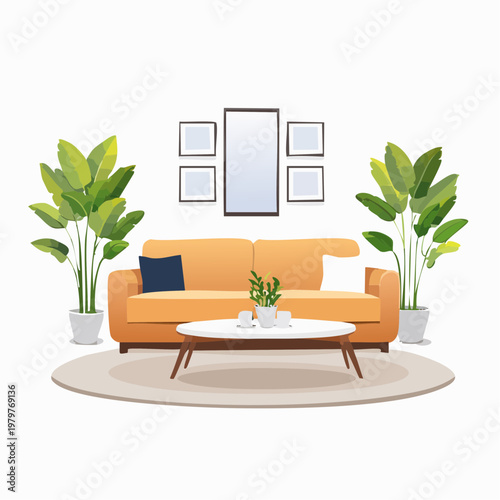 Cozy modern living room with orange sofa, plants, and picture frames