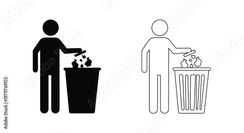 Two figures disposing of waste into a bin graphic style silhouette