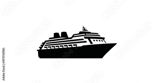 Black Silhouette of a Modern Cruise Ship on White Background - Vector Illustration