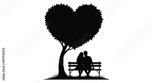 Couple sitting on a bench beneath a heart shaped tree silhouette
