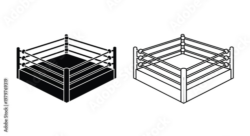 Isometric boxing ring depictions in black and white a stark silhouette