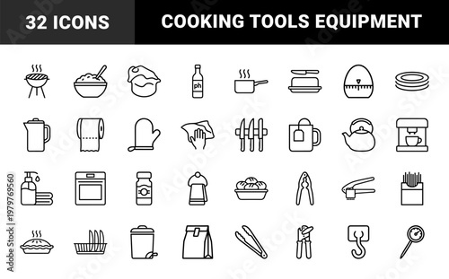 Minimalist kitchenware and cooking equipment linear icon set for culinary apps.