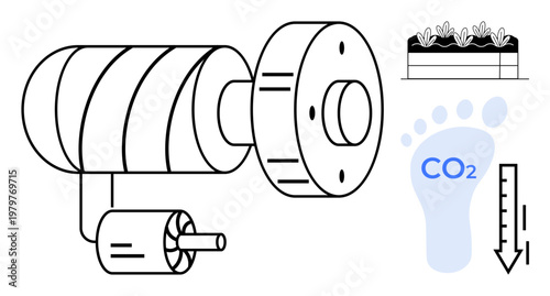 Renewable energy, carbon footprint, sustainable agriculture, eco-awareness, energy production, technology trends. Eco-friendly motor, CO2 footprint and agriculture icon. Carbon reduction