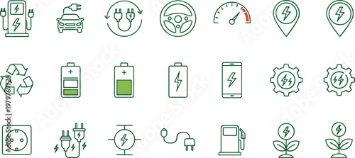 Electric Vehicle and Green Energy Icon Set Featuring Charging Battery Power Plug Renewable Energy and Eco Friendly Transportation Symbols for Sustainable Design