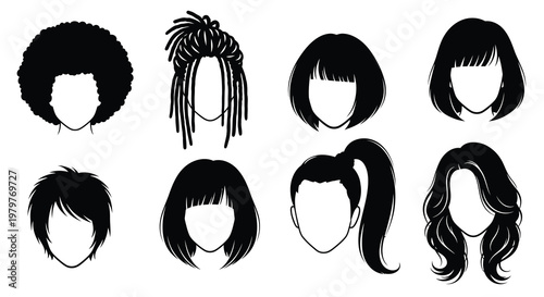 Diverse female hairstyles displayed as black silhouettes