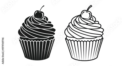 Two cupcakes with cherry toppings depicted in a bold silhouette