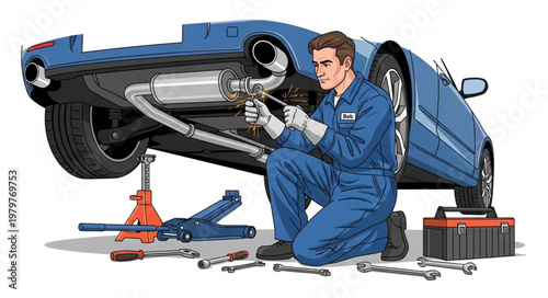 Mechanic Working Underneath a Car on a Lift.