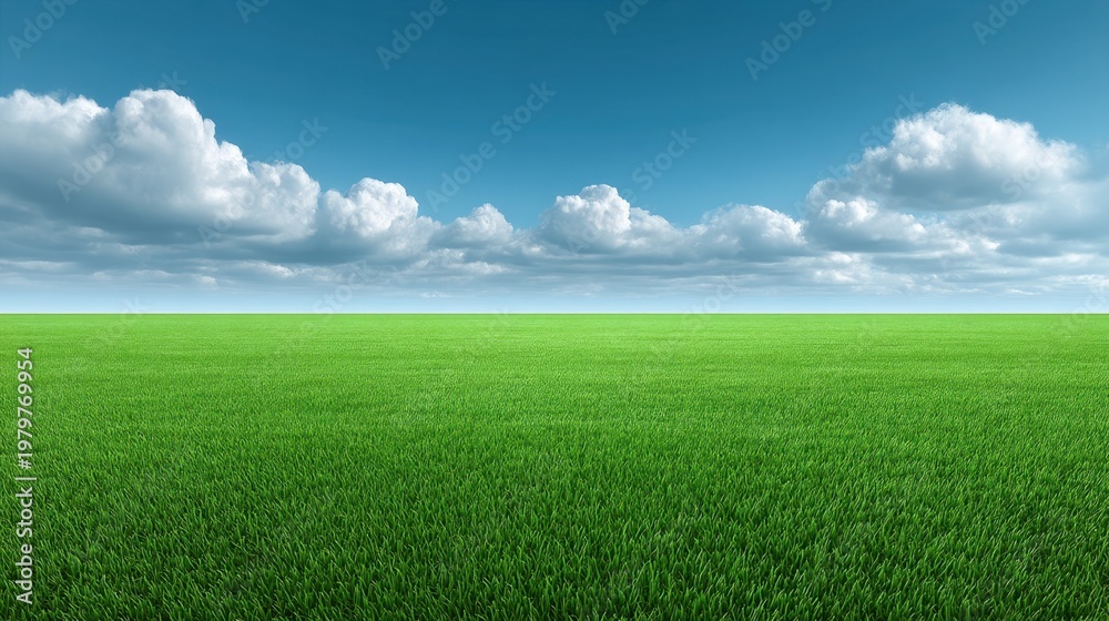 Fototapeta premium Expansive Green Grass Field Under Clear Blue Sky with Fluffy White Clouds on the Horizon for Nature and Outdoor Themed Projects