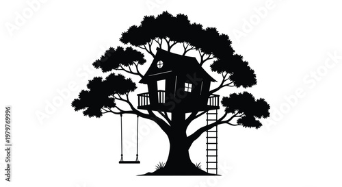 Charming treehouse nestled among lush foliage a striking silhouette