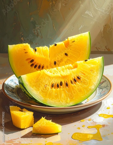 Sliced yellow watermelon on a plate, with light