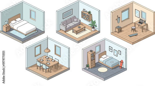 Modern Interior Rooms Illustration Set: Bedroom, Living Room, Dining Room, and Home Office in Isometric View