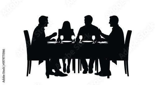Four people seated around a table enjoying a meal silhouette