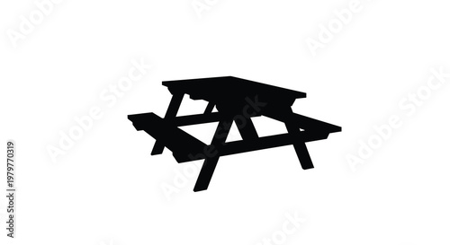 A stark black silhouette of a classic outdoor picnic table silhouette