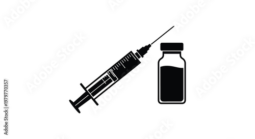A black syringe and vial depicted in a stark silhouette