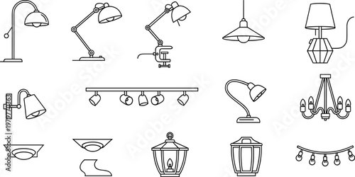 Modern Light Fixtures and Lamps Collection: Desk Lamps, Pendant Lights, Chandeliers, and Outdoor Lighting Illustrations