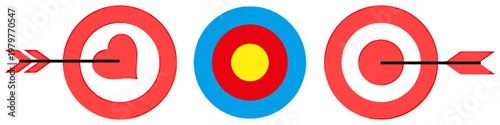 Archery targets with arrows hitting bullseye and heart shaped center