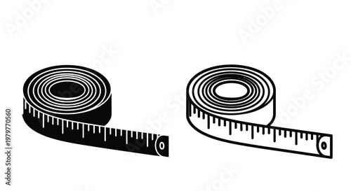 Two measuring tapes one coiled and one extended in black silhouette