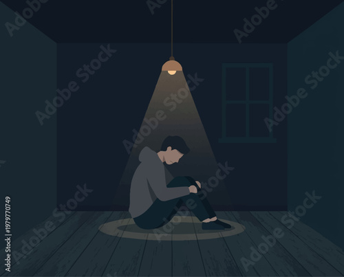 Sad person sitting in dark room with small light source (loneliness and depression)