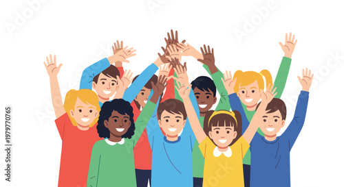 Diverse children, kids raising hands, colorful illustration, teamwork concept, educational vector